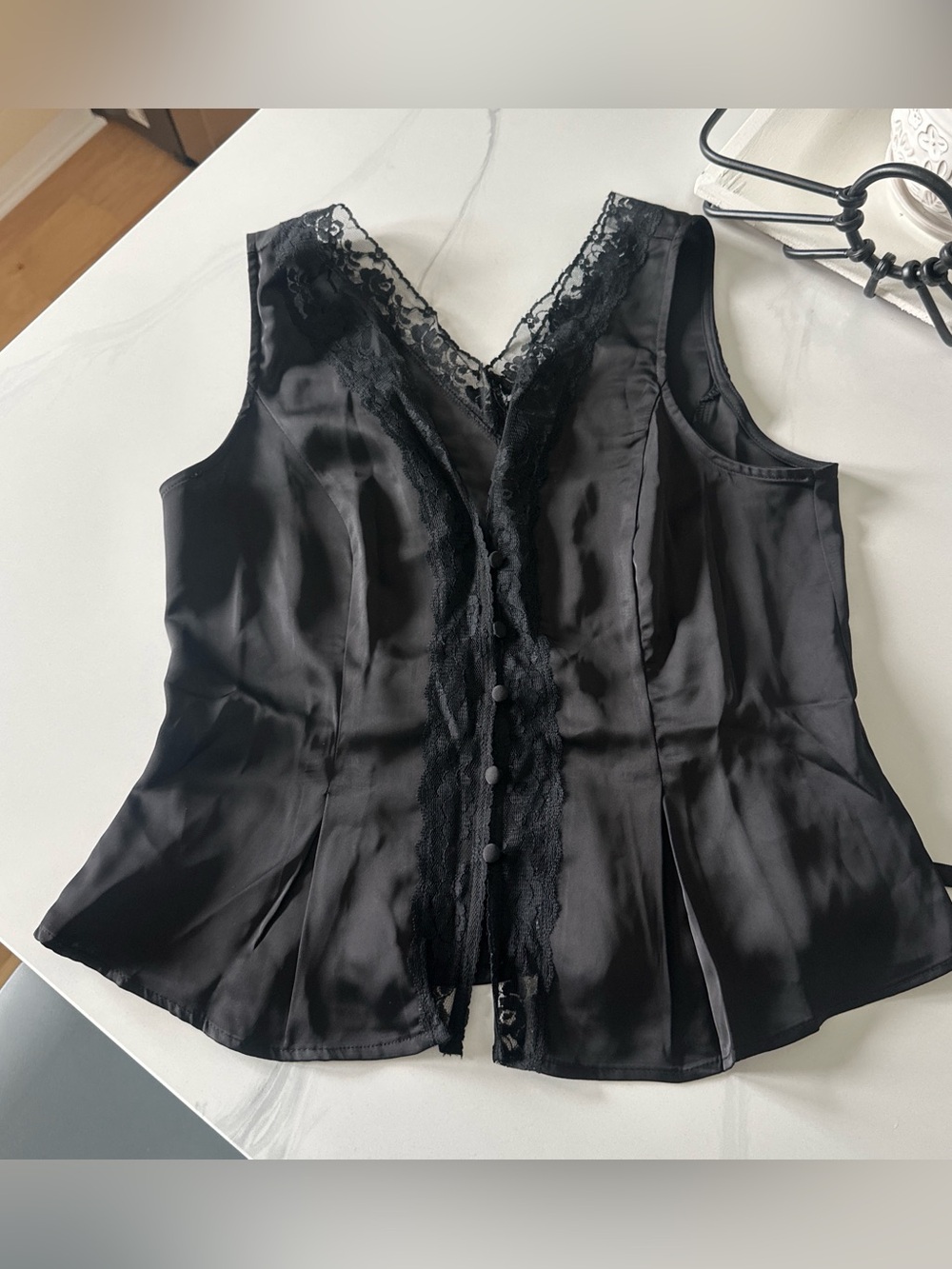 NEW Black Satin Lace-Trim V-Neck Tank Top